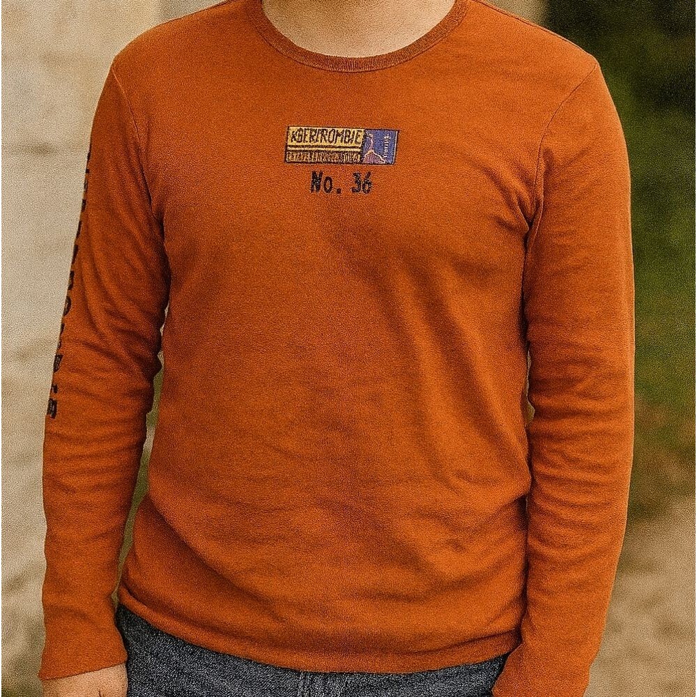 Vtg Abercrombie & Fitch Center Logo Orange L/S Tee L Made in USA Y2K Graphic